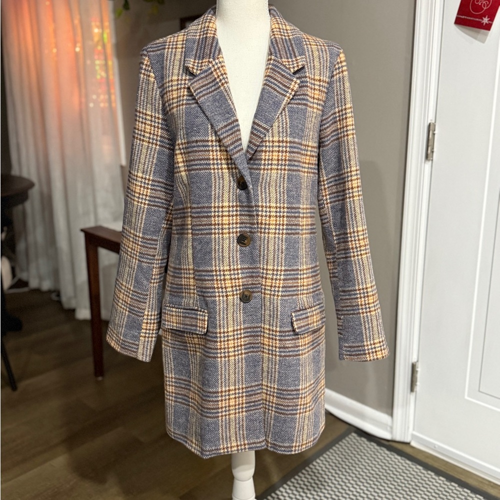 BB Dakota by Steve Madden Blue and Tan Plaid Blazer Coat.